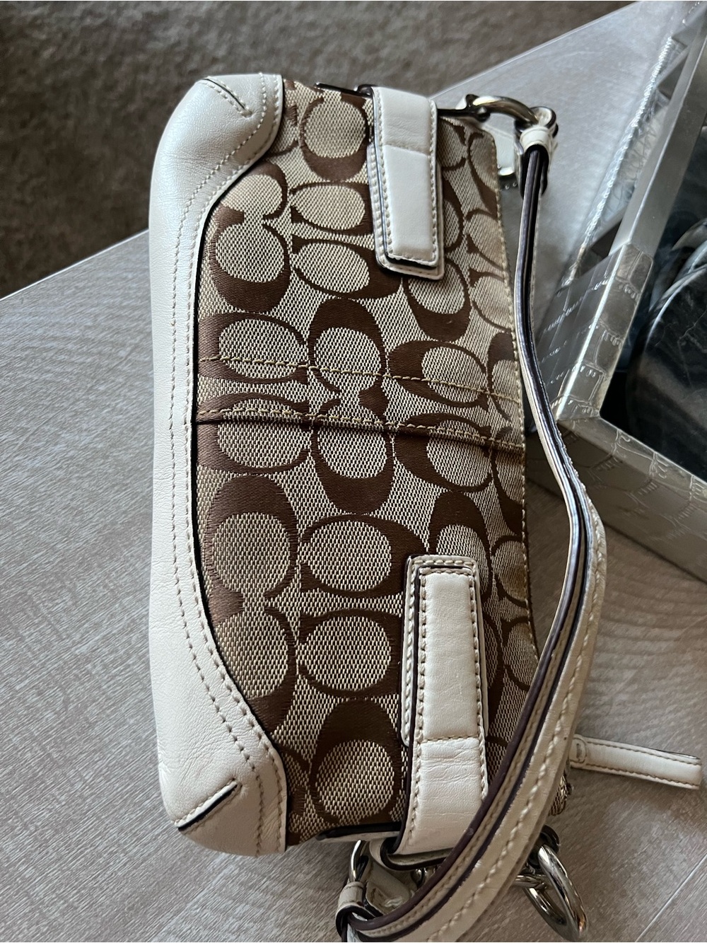 Coach Brown Signature Canvas Shoulder Bag with White Leather Trim - Picture 3 of 7